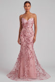 Sparkly Sequins Blush Mermaid Corset Strapless Long Prom Dress with 3D Flower