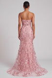 Sparkly Sequins Blush Mermaid Corset Strapless Long Prom Dress with 3D Flower