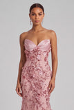 Sparkly Sequins Blush Mermaid Corset Strapless Long Prom Dress with 3D Flower