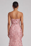Sparkly Sequins Blush Mermaid Corset Strapless Long Prom Dress with 3D Flower