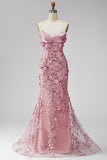 Sparkly Sequins Blush Mermaid Corset Strapless Long Prom Dress with 3D Flower