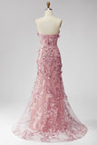 Sparkly Sequins Blush Mermaid Corset Strapless Long Prom Dress with 3D Flower