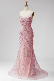 Sparkly Sequins Blush Mermaid Corset Strapless Long Prom Dress with 3D Flower