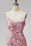 Sparkly Sequins Blush Mermaid Corset Strapless Long Prom Dress with 3D Flower