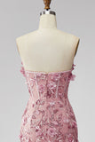 Sparkly Sequins Blush Mermaid Corset Strapless Long Prom Dress with 3D Flower