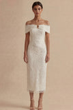 White Sheath Off the Shoulder Midi Engagement Dress with Pearls