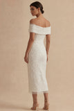 White Sheath Off the Shoulder Midi Engagement Dress with Pearls