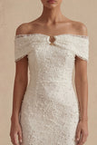 White Sheath Off the Shoulder Midi Engagement Dress with Pearls