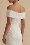 White Sheath Off the Shoulder Midi Engagement Dress with Pearls
