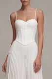 White Corset Basque Waist Pleated Midi Engagement Dress