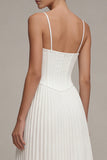 White Corset Basque Waist Pleated Midi Engagement Dress