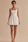 A Line Square Neck Short Bubble Little White Dress