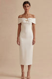 Simple White Off the Shoulder Sheath Midi Engagement Dress