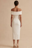 Simple White Off the Shoulder Sheath Midi Engagement Dress