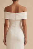 Simple White Off the Shoulder Sheath Midi Engagement Dress