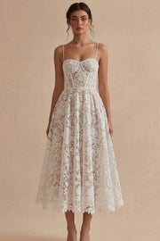 White Lace Corset A Line Midi Engagement Dress