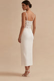 White Corset Sheath Midi Engagement Dress with Lace