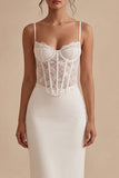 White Corset Sheath Midi Engagement Dress with Lace