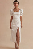 White Sheath Short Sleeves Midi Engagement Dress with Slit