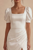 White Sheath Short Sleeves Midi Engagement Dress with Slit