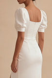 White Sheath Short Sleeves Midi Engagement Dress with Slit
