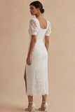 White Lace Sheath Short Sleeves Midi Engagement Dress with Slit