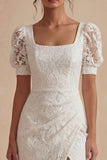 White Lace Sheath Short Sleeves Midi Engagement Dress with Slit