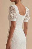 White Lace Sheath Short Sleeves Midi Engagement Dress with Slit