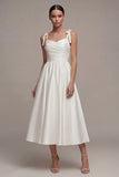 Satin White A Line Ruched Thick Straps Midi Engagement Dress