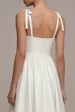 Satin White A Line Ruched Thick Straps Midi Engagement Dress