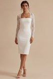 Lace White Sheath Square Neck Midi Engagement Dress