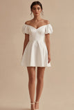 A Line White Off the Shoulder Puff Sleeves Short Bridal Shower Dress