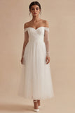 A Line White Off the Shoulder Pleated Long Engagement Dress