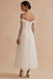 A Line White Off the Shoulder Pleated Long Engagement Dress