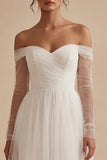 A Line White Off the Shoulder Pleated Long Engagement Dress