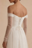 A Line White Off the Shoulder Pleated Long Engagement Dress