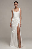 Thick Straps White Satin Ruched Long Engagement Dress with Slit