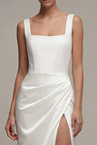 Thick Straps White Satin Ruched Long Engagement Dress with Slit