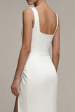 Thick Straps White Satin Ruched Long Engagement Dress with Slit