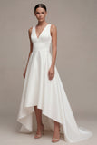 A Line White High Low V Neck Wedding Reception Dress