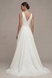 A Line White High Low V Neck Wedding Reception Dress