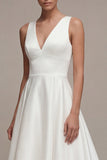 A Line White High Low V Neck Wedding Reception Dress
