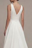 A Line White High Low V Neck Wedding Reception Dress