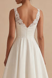 Satin A Line White Thick Straps Midi Engagement Dress
