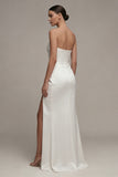 Satin Sweetheart Ruched Sheath Long Engagement Dress with Slit