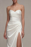 Satin Sweetheart Ruched Sheath Long Engagement Dress with Slit