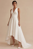 White A Line V Neck Sleeveless High Low Wedding Reception Dress
