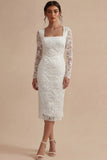 Square Neck Sheath White Lace Floral Midi Engagement Dress