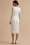 Square Neck Sheath White Lace Floral Midi Engagement Dress