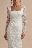 Square Neck Sheath White Lace Floral Midi Engagement Dress